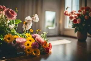 flores en un florero en un de madera piso. generado por ai foto