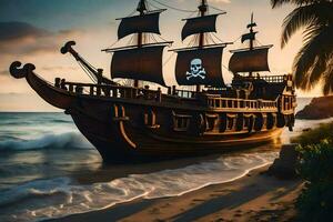 pirate ship on the beach at sunset. AI-Generated photo