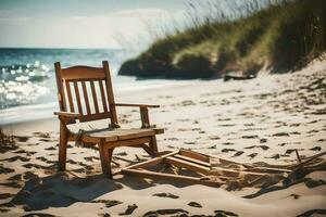 a wooden chair sits on the beach near the ocean. AI-Generated photo