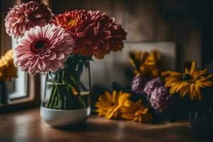 flores en un florero en un mesa. generado por ai foto