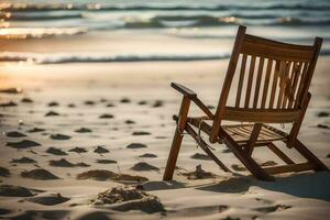 un de madera silla se sienta en el playa a puesta de sol. generado por ai foto