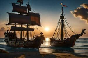 dos pirata buques en el Oceano a puesta de sol. generado por ai foto