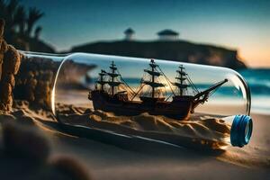 ship in a bottle on the beach. AI-Generated photo