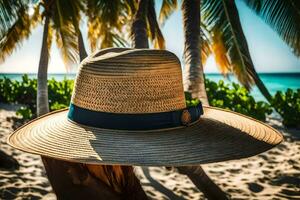 a hat on a beach with palm trees. AI-Generated photo