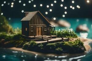 a miniature house on a small island with lights. AI-Generated photo