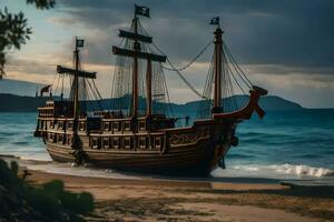 a pirate ship on the beach. AI-Generated photo