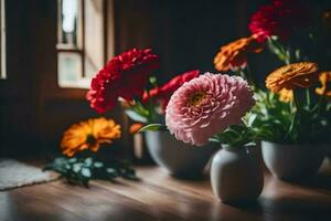 flores en floreros en un de madera mesa. generado por ai foto