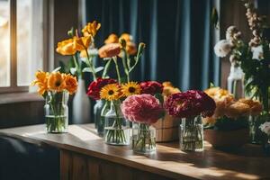 flowers in vases on a table. AI-Generated photo