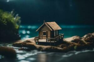 a miniature house on the shore of a lake. AI-Generated photo