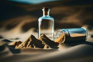 a bottle of sand and a glass bottle of sand in the desert. AI-Generated photo