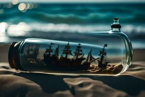 a bottle with a ship inside on the beach. AI-Generated photo