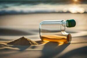 un botella de arena en el playa con un mensaje. generado por ai foto