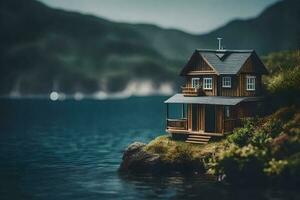 un miniatura casa en un pequeño isla por el agua. generado por ai foto
