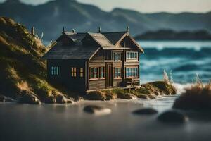 a miniature house on the beach by the ocean. AI-Generated photo