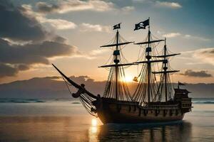 a pirate ship is sailing in the ocean at sunset. AI-Generated photo