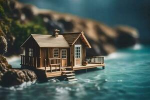 un miniatura casa en el rocas por el océano. generado por ai foto