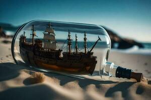 ship in a bottle on the beach. AI-Generated photo