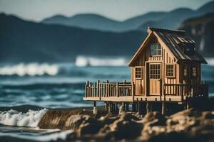 a miniature wooden house on the beach. AI-Generated photo