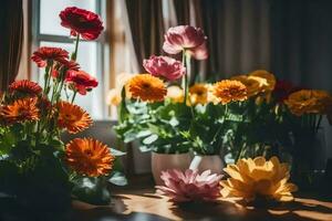 flowers in vases on a windowsill. AI-Generated photo