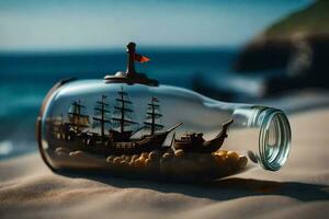 Embarcacion en un botella, arena, mar, arena, playa, arena, playa, arena,. generado por ai foto