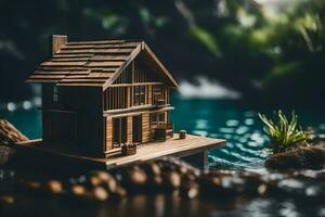 a miniature house on a small island in the water. AI-Generated photo