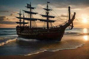 a pirate ship on the beach at sunset. AI-Generated photo