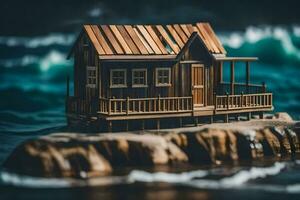 a miniature wooden house on a rock near the ocean. AI-Generated photo