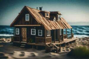 a miniature house on the beach with a wooden roof. AI-Generated photo