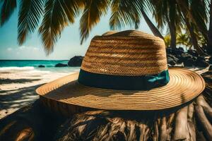 a straw hat on a beach with palm trees. AI-Generated photo