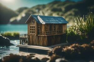 a small wooden house on a small island. AI-Generated photo