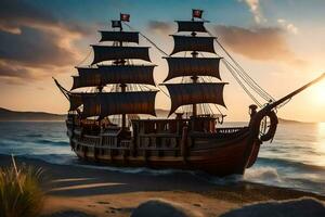 un pirata Embarcacion es navegación en el playa a puesta de sol. generado por ai foto