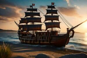 a pirate ship is sailing on the beach at sunset. AI-Generated photo