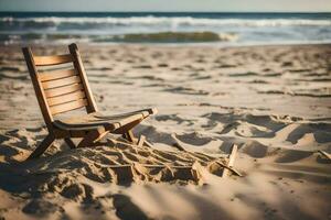 a wooden chair sits on the sand at the beach. AI-Generated photo