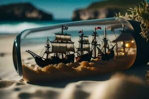 a bottle with a ship in it on the beach. AI-Generated photo