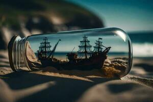 a ship in a bottle on the beach. AI-Generated photo