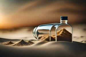 a bottle of sand in the desert. AI-Generated photo