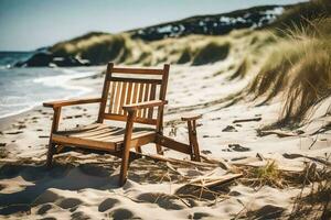 a wooden chair sits on the sand near the ocean. AI-Generated photo