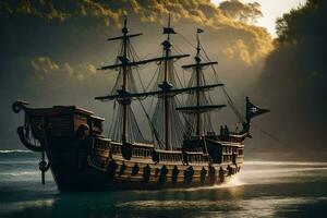 a pirate ship is sailing in the ocean. AI-Generated photo