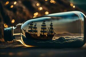 a ship in a bottle with a sunset in the background. AI-Generated photo