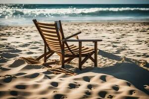 a wooden chair sits on the beach near the ocean. AI-Generated photo