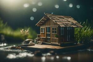 a miniature house on a small island in the water. AI-Generated photo