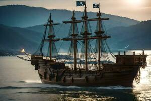 a pirate ship is sailing in the ocean. AI-Generated photo