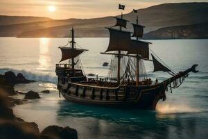 a pirate ship in the ocean at sunset. AI-Generated photo