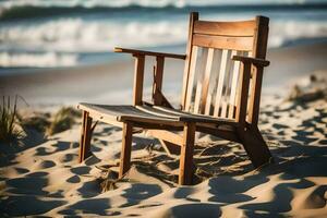 un de madera silla se sienta en el playa cerca el océano. generado por ai foto