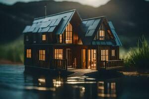 a miniature house on a boat in the water. AI-Generated photo