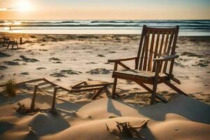 a wooden chair sits on the beach at sunset. AI-Generated photo