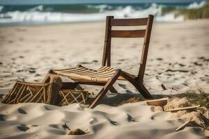 a chair sits on the sand near the ocean. AI-Generated photo