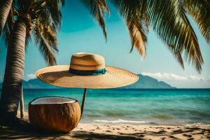 a coconut on the beach with a straw hat. AI-Generated photo