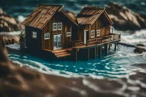 un miniatura casa en el agua por el océano. generado por ai foto