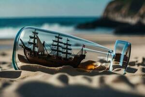 a ship in a glass bottle on the beach. AI-Generated photo